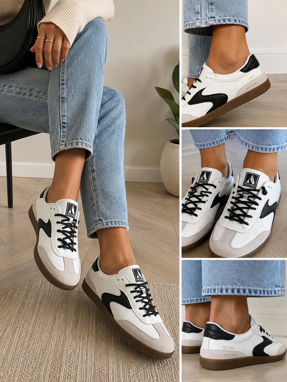 Skechers Court Classics Leather Sneakers Women's US 7.5 White Black Gum Sole Air
